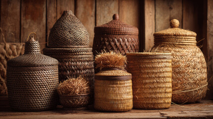 A collection of empty woven storage containers crafted from rattan, bamboo, straw, and wicker in a rustic style
