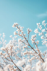 Obraz premium Frosted white tree branch winter nature. Hoarfrost ice crystal texture. Holiday new year season background. Christmas weather landscape.