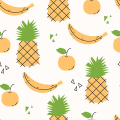 Hand drawn tropical fruits seamless pattern with pineapple, banana and orange. Flat design vector Illustration for textile, print, stationery, wrapping paper and others