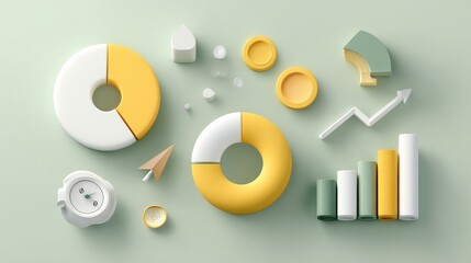 D render of infographic elements like charts and pointers floating