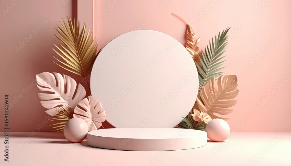 Poster elegant minimalist display setup featuring circular platforms and tropical foliage in soft pink envi