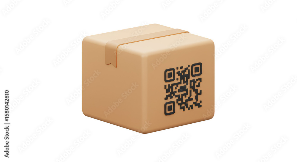 Poster 3d rendered cardboard box with qr code for delivery on transparent