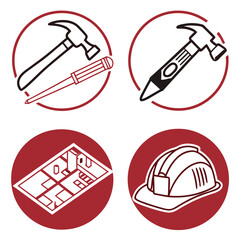 Construction and renovation icons featuring tools blueprint and hard hat