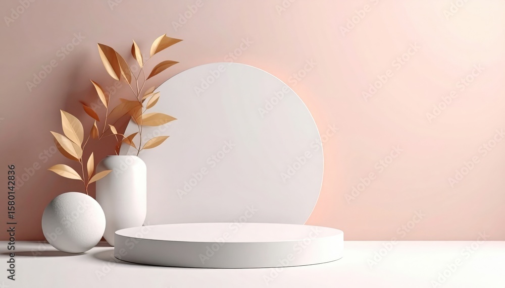 Aufkleber minimalist decorative display with white vases and dried plants on a simple round platform soft pink