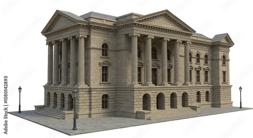 Poster 3d render of stone building with pillars facade architecture
