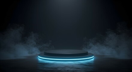 Empty futuristic cement stage with neon blue light. Dark mysterious presentation podium display. Pedestal showroom for product.