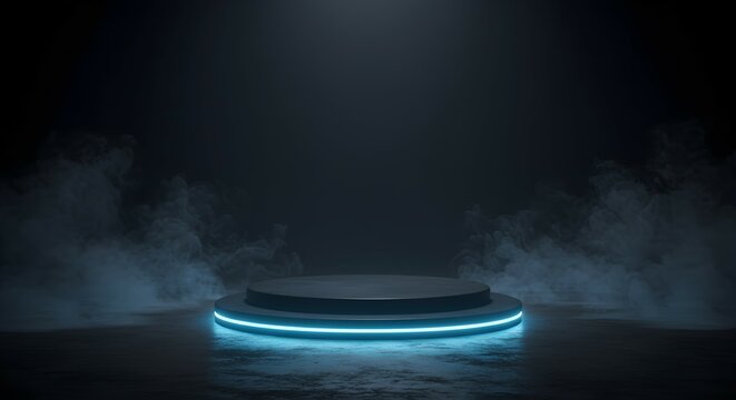 Empty futuristic cement stage with neon blue light. Dark mysterious presentation podium display. Pedestal showroom for product.
