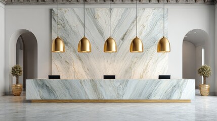 Fototapeta premium Elegant marble reception counter with golden accents and modern pendant lighting in a luxury interior setting