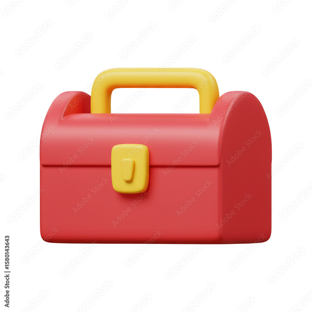 Poster 3d render red toolbox plastic container yellow handle transparent bg