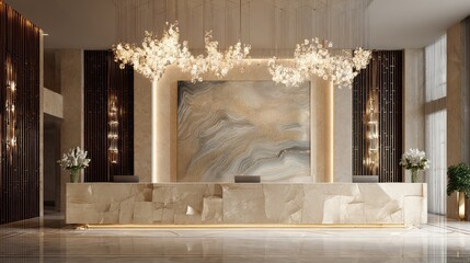 Grand reception desk with chandelier reflections, marble textures, and modern luxury interior