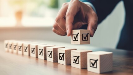 Precision Selection Hand Placing Checkmark Cube in Ordered Row for Task Completion