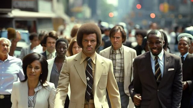 Crowd of people walking street old vintage film style