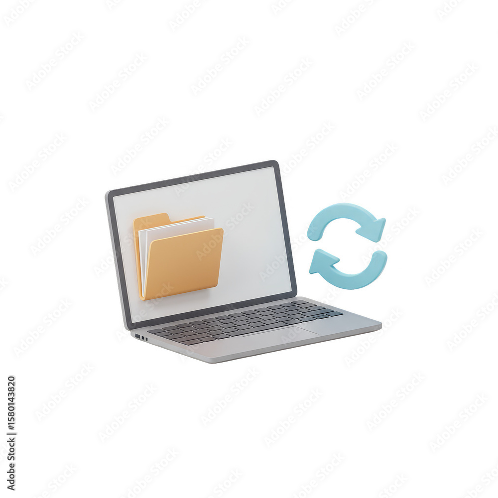 Poster 3d laptop folders arrows refresh data sync transparent background