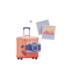 Fototapeta premium 3D Peach Suitcase with Camera Travel Vacation Memories on Display