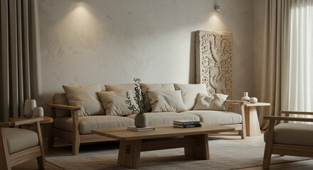 Warm and inviting living room featuring earthy tones and natural materials design