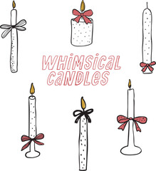 Whimsical hand drawn candles vector set with ribbon bows. Cute cliparts for birthday cards, postcards, wedding templates