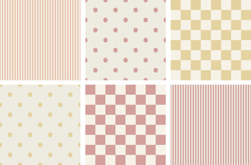 Checkered, lines and polka dots vector patterns set for wallpaper background, fabric design, scrapbooking. Flat hand drawn design