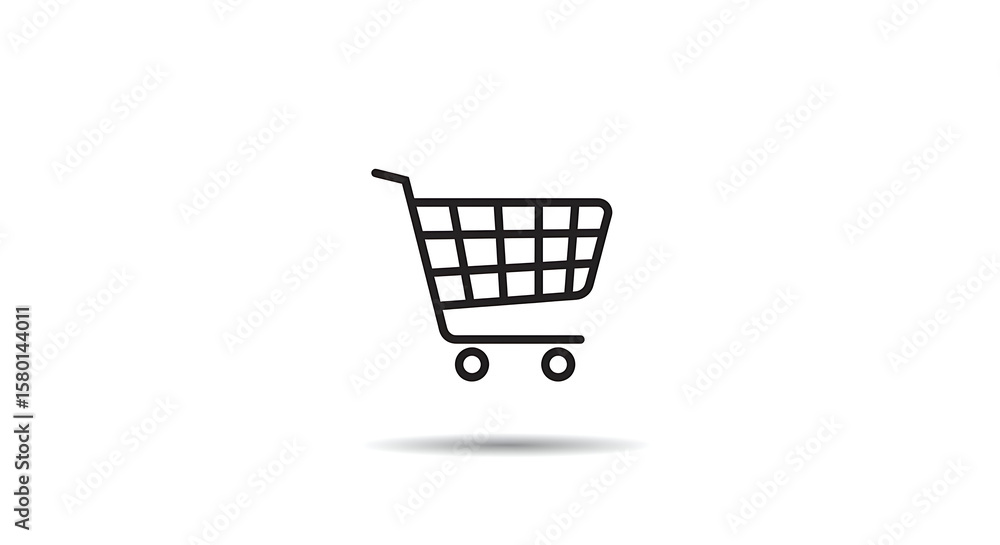 Poster a simple black outline of a shopping cart with a shadow on a plain white background view from the si
