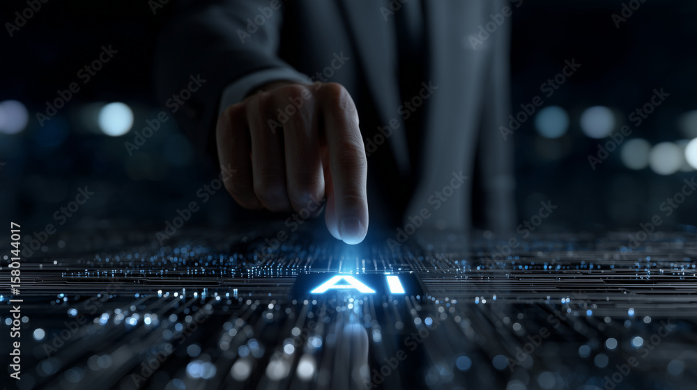 Poster a high-tech visualization of ai-powered document generation, featuring a businessman touching an ai 