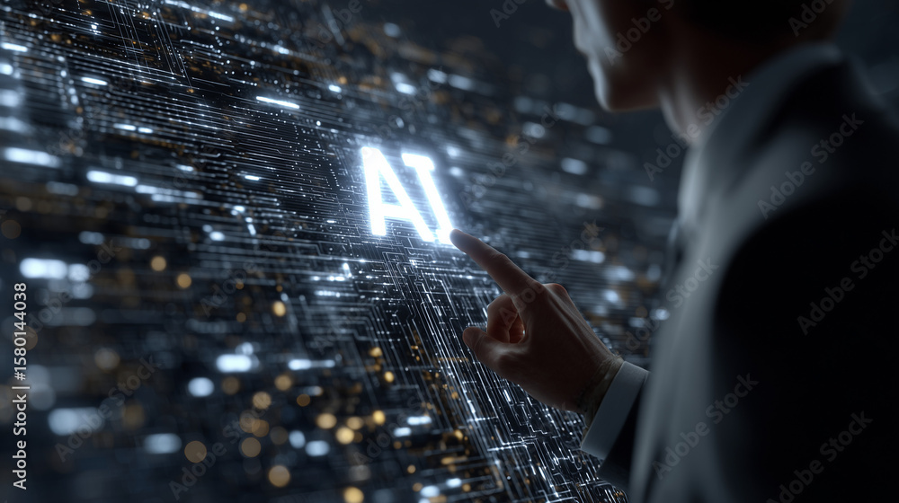 Poster a high-tech visualization of ai-powered document generation, featuring a businessman touching an ai 