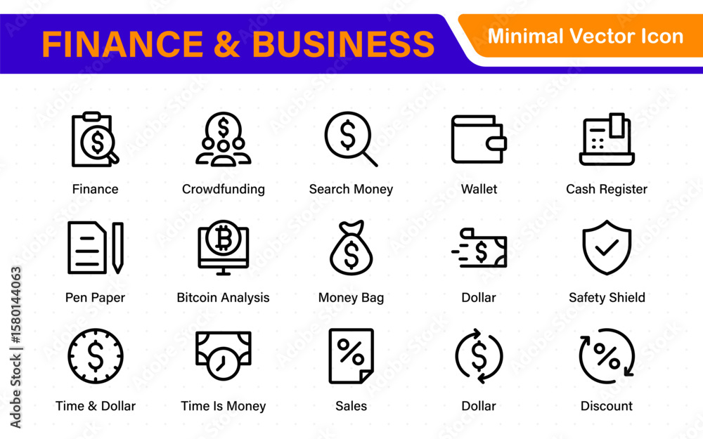 Poster finance and business line icons collection. big ui icon set in a flat design. thin outline icons pac