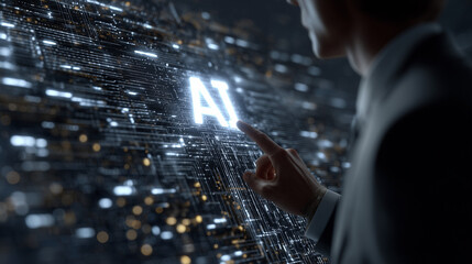 A high-tech visualization of AI-powered document generation, featuring a businessman touching an AI symbol on a luminous motherboard, surrounded by floating data and abstract text fragments