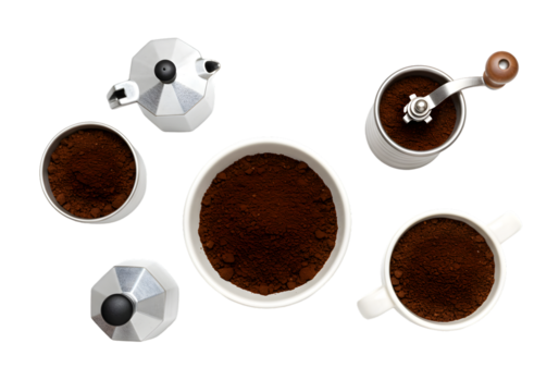 Illustration Coffee Beans and Ground in Cups Isolated on Transparent Background