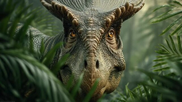 close-up, a curious Parasaurolophus peeking through dense jungle foliage, its unique cranial crest highly detailed, soft, diffused natural light, shallow depth of field, authentic expression