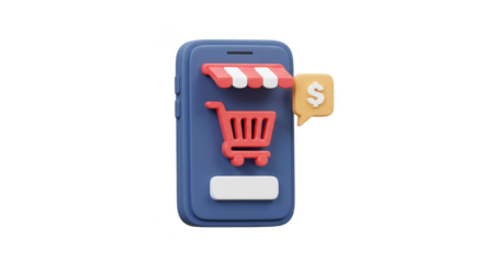 3D Online Shopping on Blue Mobile Phone with Red Cart Isolated