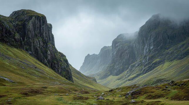 Misty highland landscape with distant cliffs and soft rolling fog