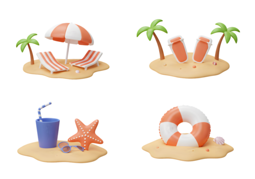 3D Illustration of Sandy Beach Island Vacation with Palm Trees and Summer Elements
