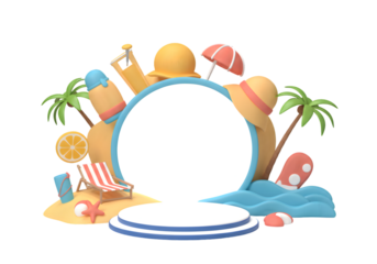 3D Illustration of Sandy Beach with Palm Trees and Bright Summer Vacation