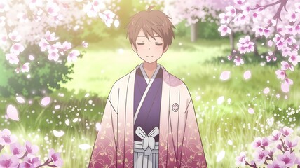 Happy anime-style boy chef in apron holding a steaming bowl of delicious food in a cozy, sunlit kitchen filled with vegetables, tools, and cooking utensils