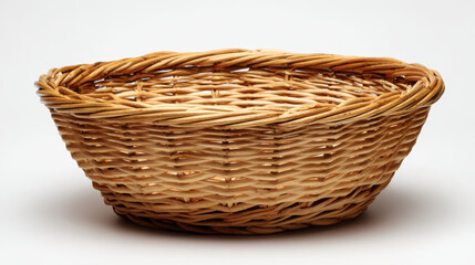 A plain wicker basket made of wood is shown alone against a clean white background