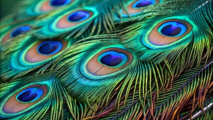 Obraz premium Vibrant Close-Up of Peacock Feathers with Iridescent Colors and Eye Pattern