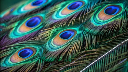 Obraz premium Vibrant Close-Up of Peacock Feathers with Iridescent Colors and Eye Pattern