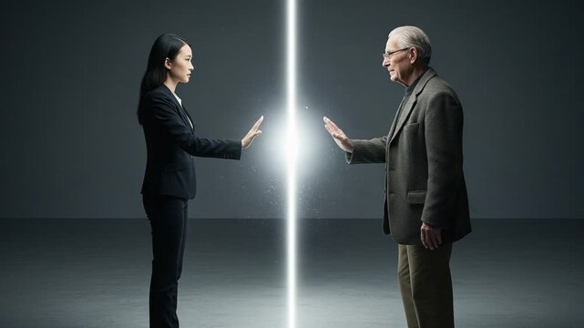 Two individuals reaching out in a glowing divide