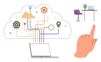 Cloud with interconnected lines above laptop, hand pointing, and a home workspace with desk and chair. Ideal for technology, remote work, data, connection, innovation mobility design. Simple flat