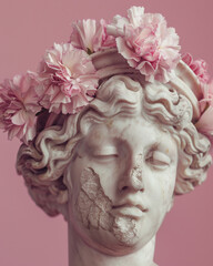 Ancient woman Statue with carnations flowers