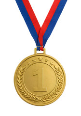 Isolated Gold Medal with Blue and Red Ribbon on Transparent Background