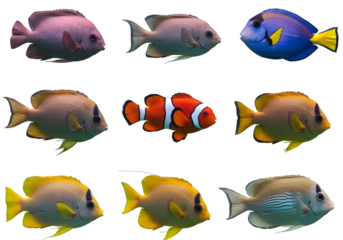 Illustration Collection Of Colorful Tropical Fish On Transparent Background