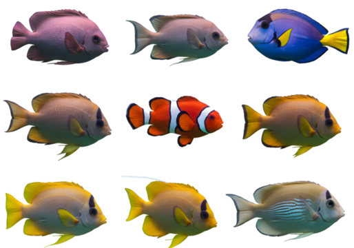 Illustration Collection Of Colorful Tropical Fish On Transparent Background