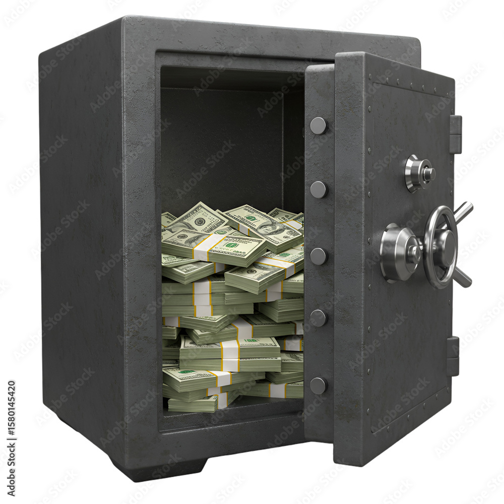 Poster 3d rendered safe filled with dollar stacks transparent background image
