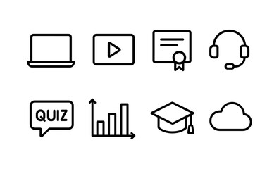 Online learning icons: laptop, video, certificate, headset, quiz, graph, graduation, cloud