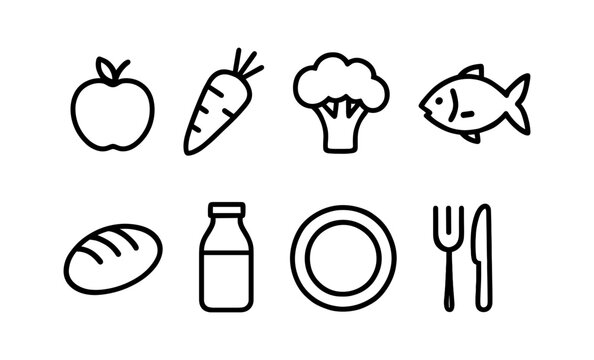 Essential food icons: simple line art illustrations of fruit, vegetables, and dining items
