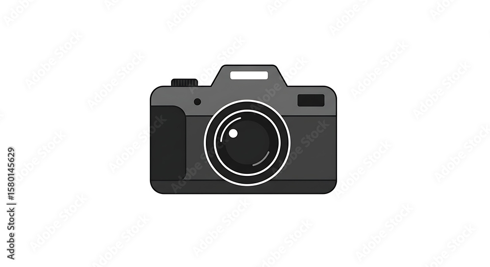 Poster illustration of a gray camera with a white lens outline on a white background in a simple style - ai