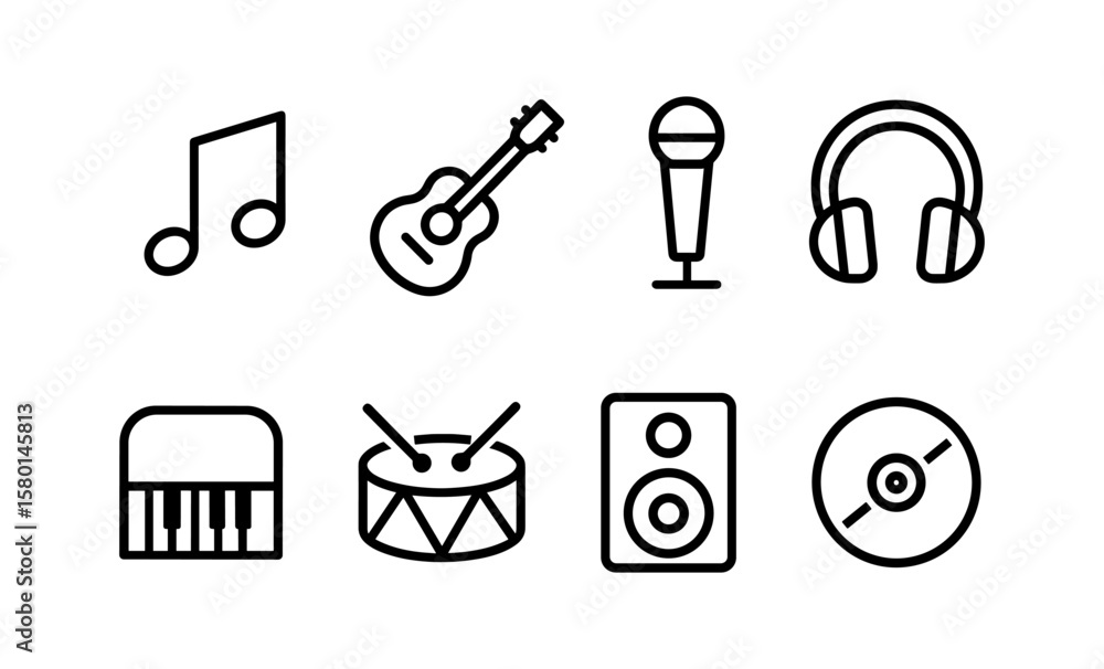 Poster music icon set featuring instruments and audio equipment in linear style