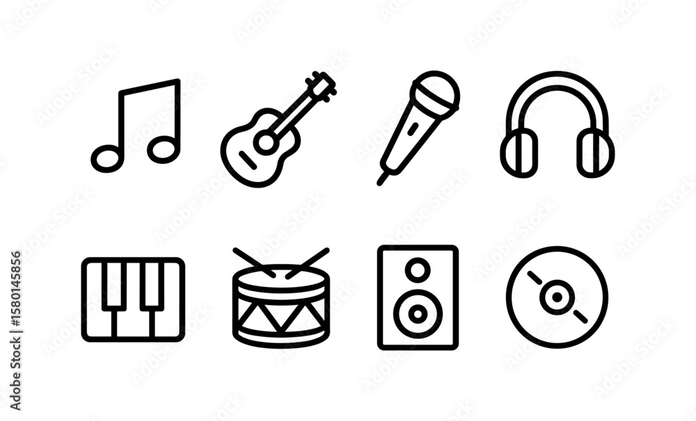 Poster minimalist music icons set featuring instruments and audio equipment in linear design