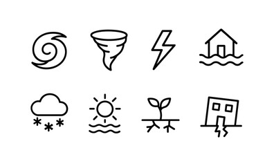 Minimal natural disaster icon set featuring tornado and earthquake symbols