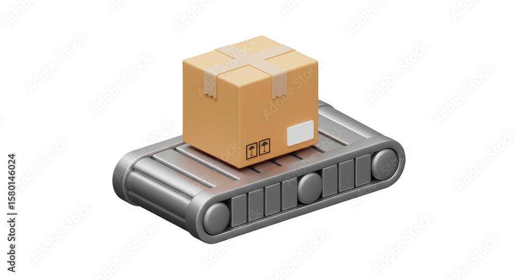 Poster 3d render conveyor belt transporting package on transparent background